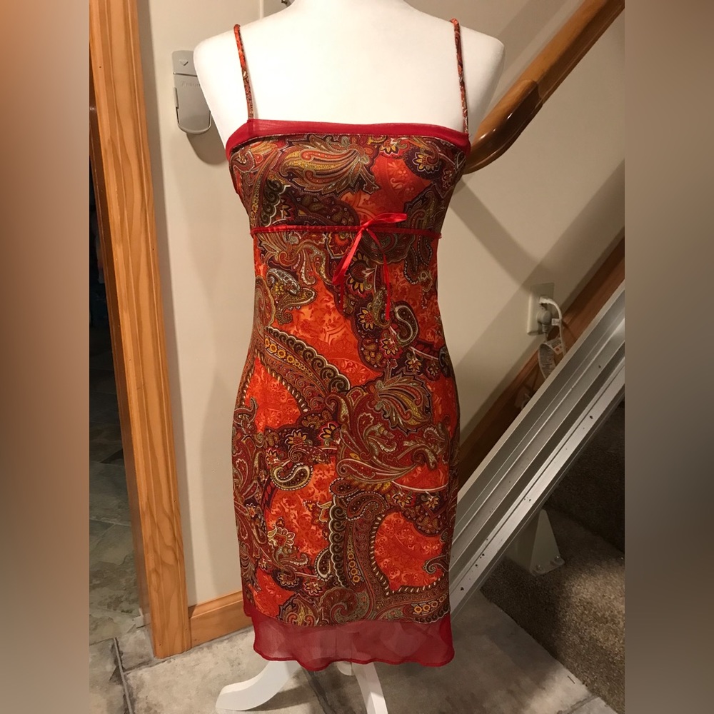 Vintage SSOMA 90s red orange paisley mini dress